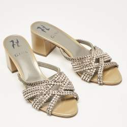 Pre Owned Gina Gold/BrownCrystal Embellished Leather Slide Sandals Size 37