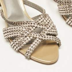 Pre Owned Gina Gold/BrownCrystal Embellished Leather Slide Sandals Size 37