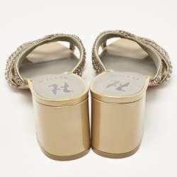 Pre Owned Gina Gold/BrownCrystal Embellished Leather Slide Sandals Size 37