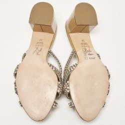 Pre Owned Gina Gold/BrownCrystal Embellished Leather Slide Sandals Size 37