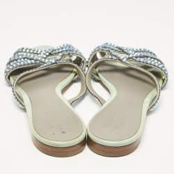 Pre Owned Gina Blue Patent Leather Crystals Flat Slides Size 38
