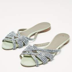 Pre Owned Gina Blue Patent Leather Crystals Flat Slides Size 38