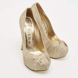 Pre Owned Gina Gold Woven Straw Claire Platform Pumps Size 36.5