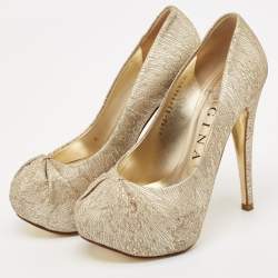 Pre Owned Gina Gold Woven Straw Claire Platform Pumps Size 36.5