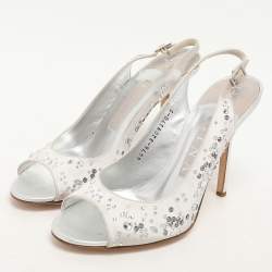 Gina Silver Satin Crystal Embellished Peep Toe Slingback Pumps Size 38