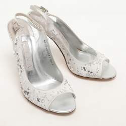 Gina Silver Satin Crystal Embellished Peep Toe Slingback Pumps Size 38