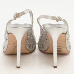 Gina Silver Satin Crystal Embellished Peep Toe Slingback Pumps Size 38