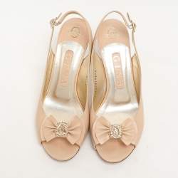 Pre Owned Gina Beige Leather Peep Toe Slingback Pumps Size 37