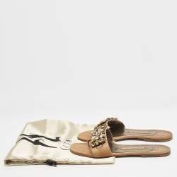 Gina Brown Leather Crystal Embellished Flat Slide Sandals Size 37.5
