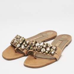 Gina Brown Leather Crystal Embellished Flat Slide Sandals Size 37.5