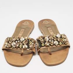 Gina Brown Leather Crystal Embellished Flat Slide Sandals Size 37.5