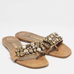 Gina Brown Leather Crystal Embellished Flat Slide Sandals Size 37.5