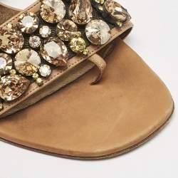 Gina Brown Leather Crystal Embellished Flat Slide Sandals Size 37.5