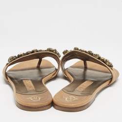 Gina Brown Leather Crystal Embellished Flat Slide Sandals Size 37.5