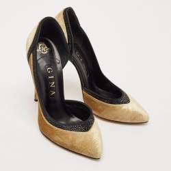 Gina Gold Paisley Print Velvet Crystals Embellished D'orsay Pumps Size 39
