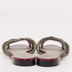 Pre Owned Gina Burgundy Leather Crystal Embellished Flat Slides Size 37