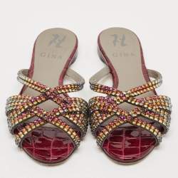 Pre Owned Gina Burgundy Leather Crystal Embellished Flat Slides Size 37