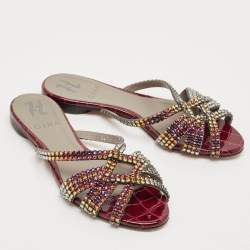 Pre Owned Gina Burgundy Leather Crystal Embellished Flat Slides Size 37