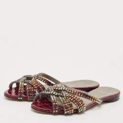 Pre Owned Gina Burgundy Leather Crystal Embellished Flat Slides Size 37