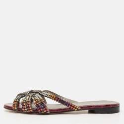 Pre Owned Gina Burgundy Leather Crystal Embellished Flat Slides Size 37