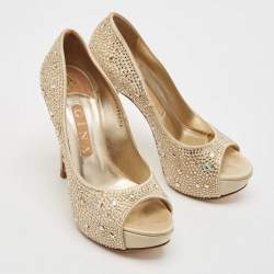 Gina Gold Satin Crystal Embellished Platform Pumps Size 38