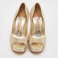 Gina Gold Satin Crystal Embellished Platform Pumps Size 38