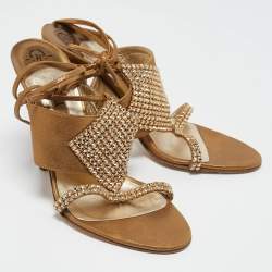 Gina Gold Suede Crystal Embellished Ankle Strap Sandals Size 39