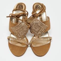 Gina Gold Suede Crystal Embellished Ankle Strap Sandals Size 39