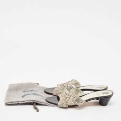 Gina Black/Silver Leather Crystal Embellished Slide Sandals Size 40.5
