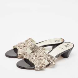 Gina Black/Silver Leather Crystal Embellished Slide Sandals Size 40.5