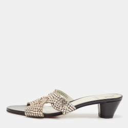 Gina Black/Silver Leather Crystal Embellished Slide Sandals Size 40.5