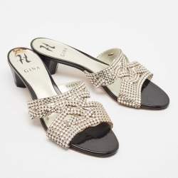 Gina Black/Silver Leather Crystal Embellished Slide Sandals Size 40.5
