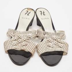 Gina Black/Silver Leather Crystal Embellished Slide Sandals Size 40.5