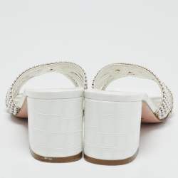 مملوكة مسبقًا Gina White Croc Embossed and Leather Dexie Slide Sandals Size 38