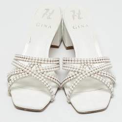 مملوكة مسبقًا Gina White Croc Embossed and Leather Dexie Slide Sandals Size 38