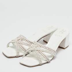 مملوكة مسبقًا Gina White Croc Embossed and Leather Dexie Slide Sandals Size 38