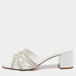مملوكة مسبقًا Gina White Croc Embossed and Leather Dexie Slide Sandals Size 38