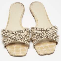Gina Cream Croc Embossed Patent Leather Portland Slide Flats Size 37.5