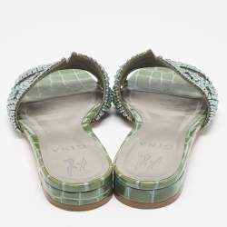 Pre Owned Gina Green Croc Embossed Patent Leather Loren Slide Flats Size 38