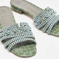 Pre Owned Gina Green Croc Embossed Patent Leather Loren Slide Flats Size 38