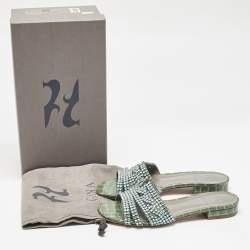 Pre Owned Gina Green Croc Embossed Patent Leather Loren Slide Flats Size 38