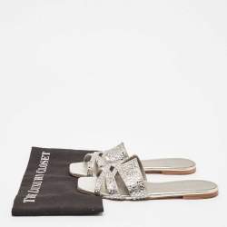 Pre Owned Gina Silver Crystal Embellished Leather Flat Slides Size 38