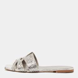 Pre Owned Gina Silver Crystal Embellished Leather Flat Slides Size 38