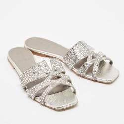 Pre Owned Gina Silver Crystal Embellished Leather Flat Slides Size 38