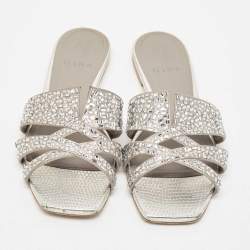 Pre Owned Gina Silver Crystal Embellished Leather Flat Slides Size 38