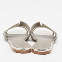 Pre Owned Gina Silver Crystal Embellished Leather Flat Slides Size 38