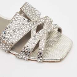 Pre Owned Gina Silver Crystal Embellished Leather Flat Slides Size 38