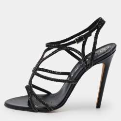 Gina Black Leather Crystal Embellished Ankle Strap Sandals Size 40
