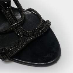 Gina Black Leather Crystal Embellished Ankle Strap Sandals Size 40