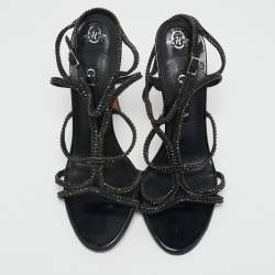Gina Black Leather Crystal Embellished Ankle Strap Sandals Size 40